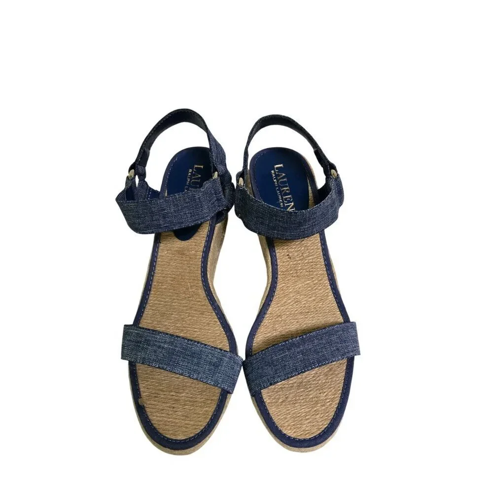 Lauren Ralph Lauren Ilene Denim Espardrille Wedge Sandals Size 7.5B
